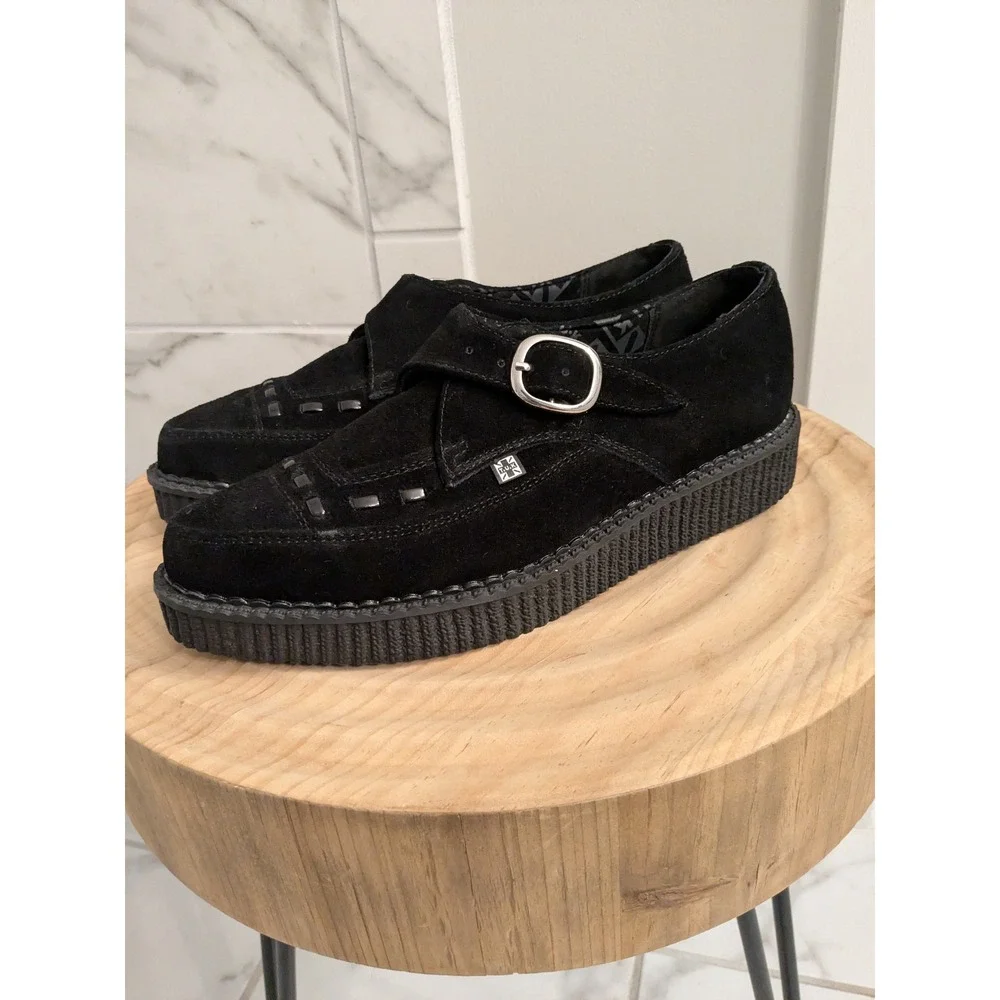 NWOT T.U.K. Black Suede Monk Strap Creepers‎ Platform Shoes Size US 7 EU 40